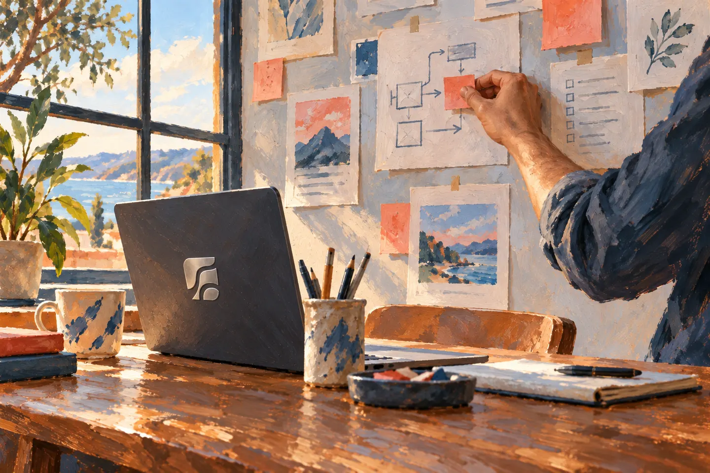 Hands arrange sketches beside a branded laptop