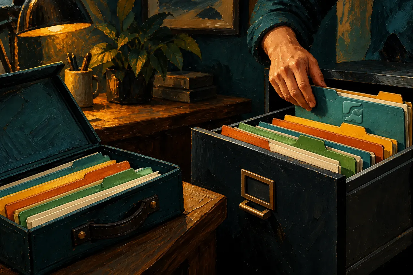 Hands check folders in a storage drawer.