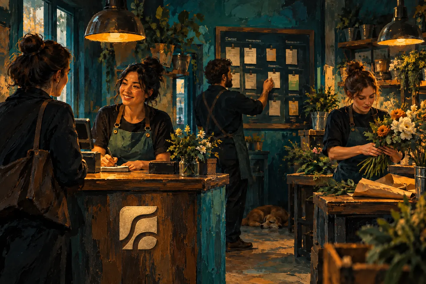 People complete distinct tasks around a service counter.