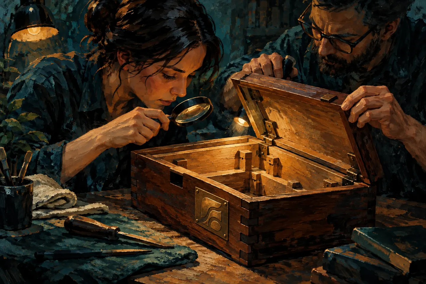 Two people inspect an open wooden case under a work light.
