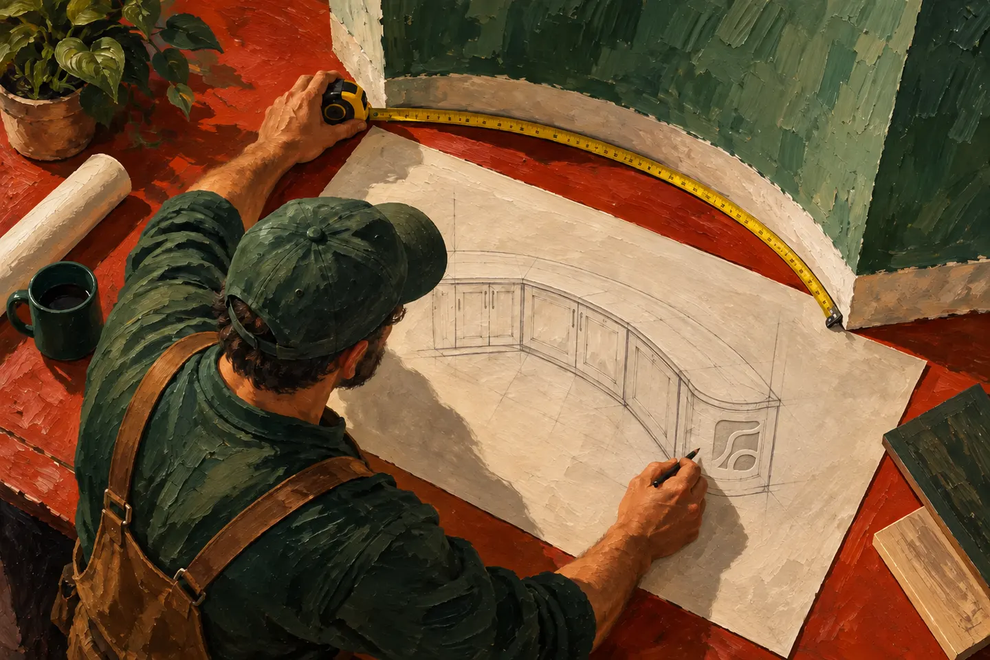 A craftsperson measures a curved wall against a custom plan.