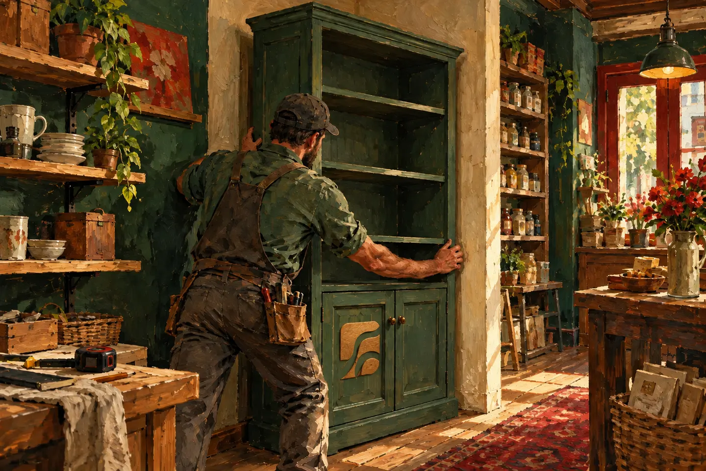 A craftsperson fits a cabinet into an existing space.