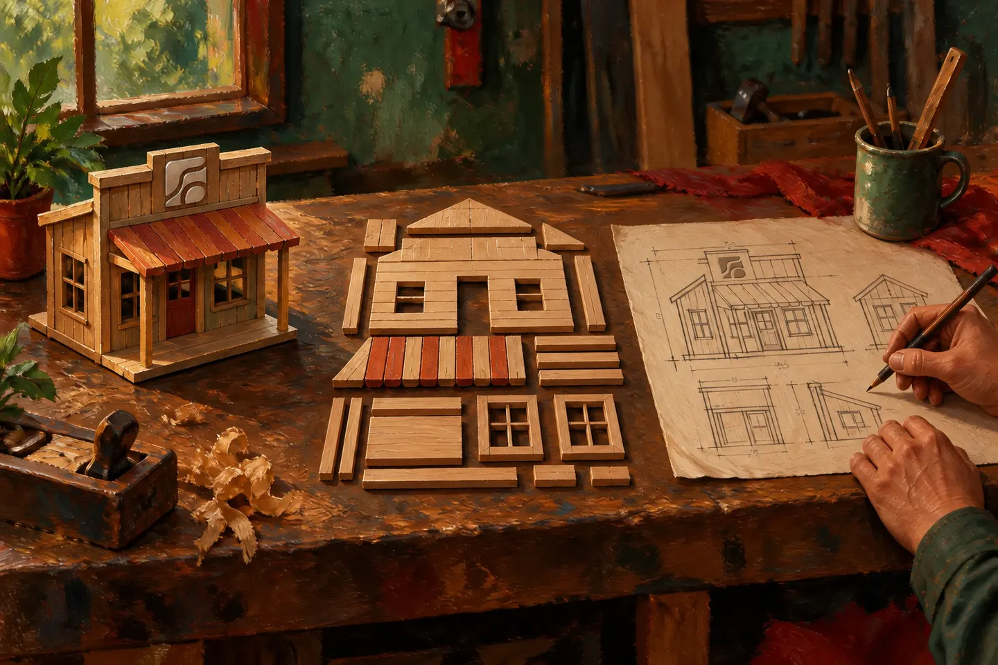 A workbench holds a completed wooden model, loose parts, and a drawn plan.