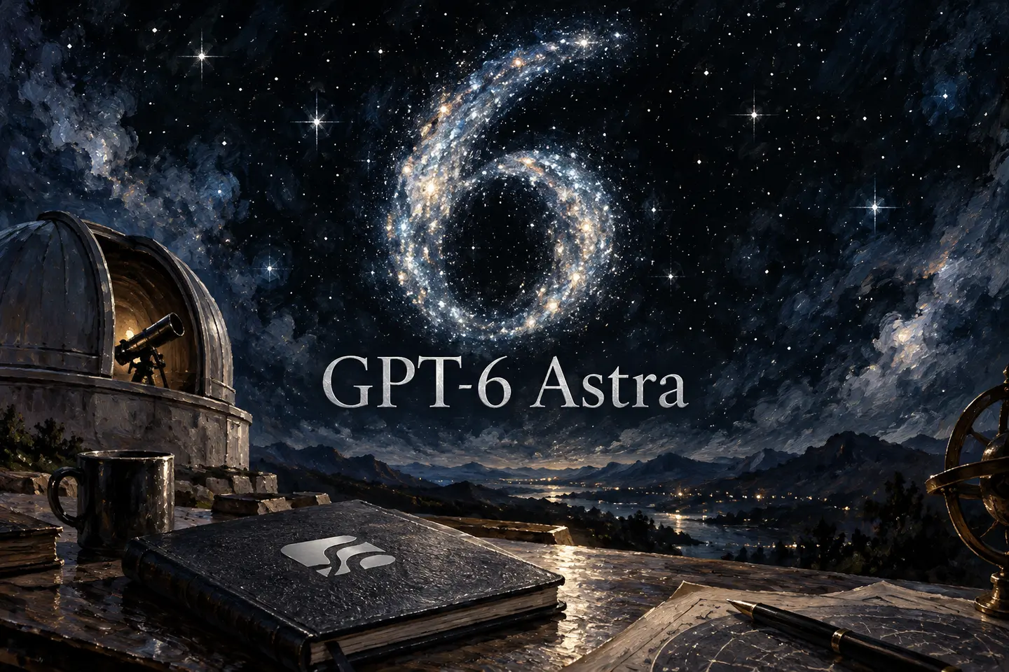 An editorial oil painting of a star-shaped numeral six above an observatory, with a SaaSCode emblem on a notebook