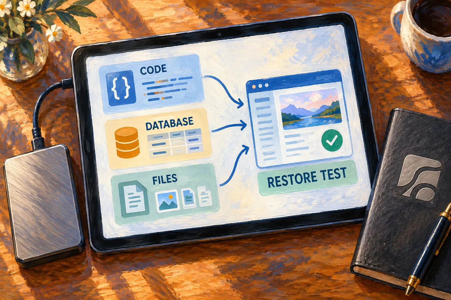 Oil schematic showing code, database rows and uploaded files converging on a restored application for an isolated recovery test.