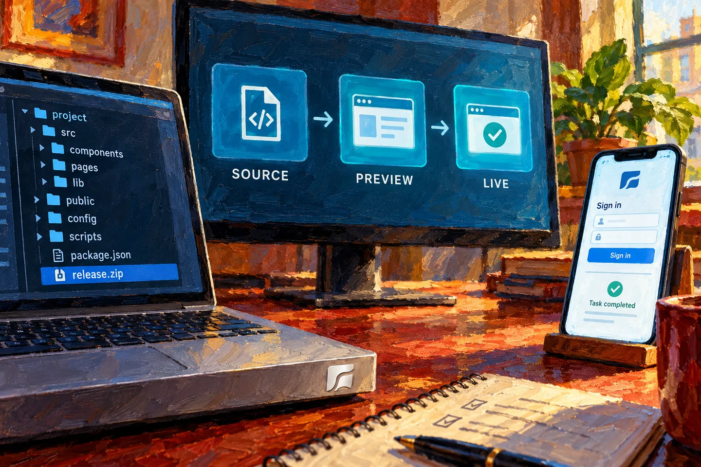Oil illustration of a source-code package, a deployment preview and a working application on a phone.