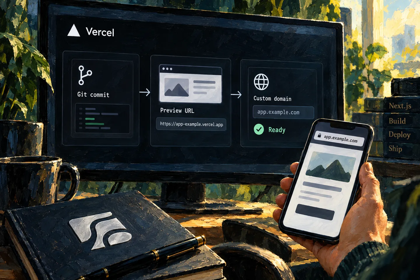 Editorial oil schematic of a Vercel deployment: Git commit, preview URL and custom domain, with the application checked on a phone.