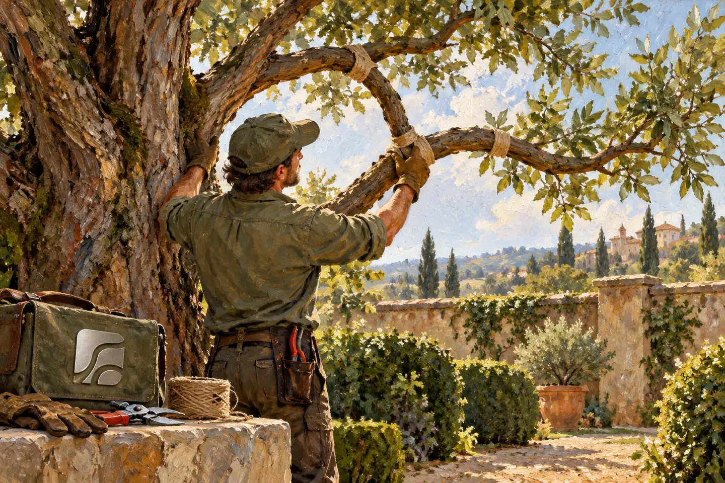An arborist tends two branches in an olive garden
