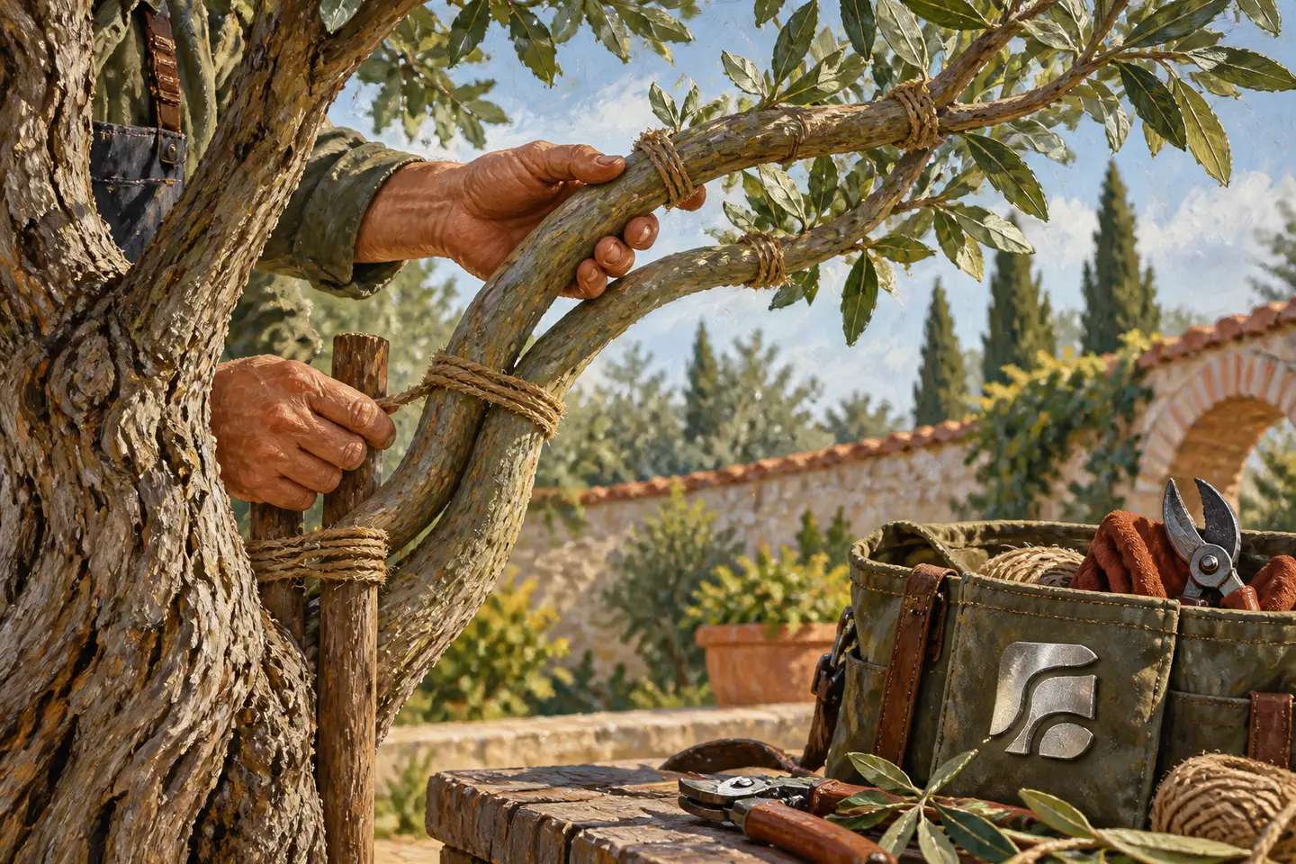 Hands guide a branch while preserving the main tree