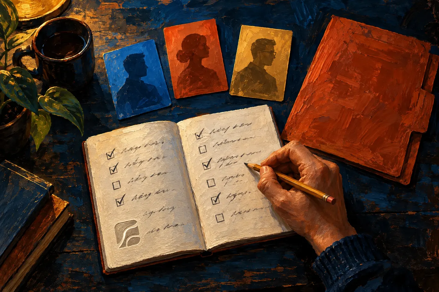 A hand records checks beside three illustrated role cards.