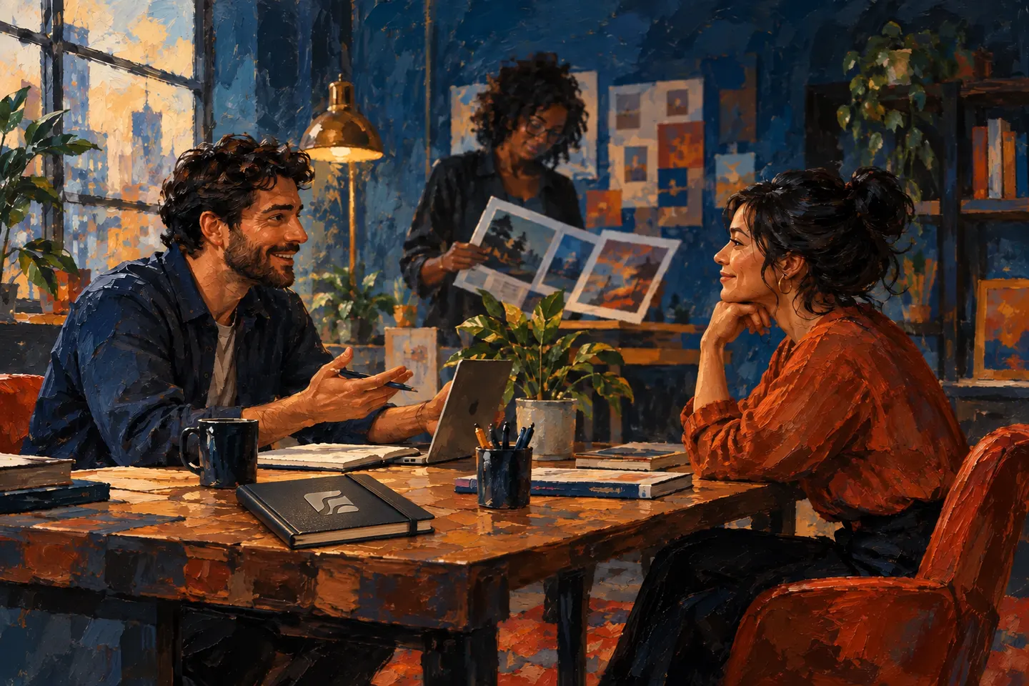 An employer and candidate talk while a third person reviews a portfolio.