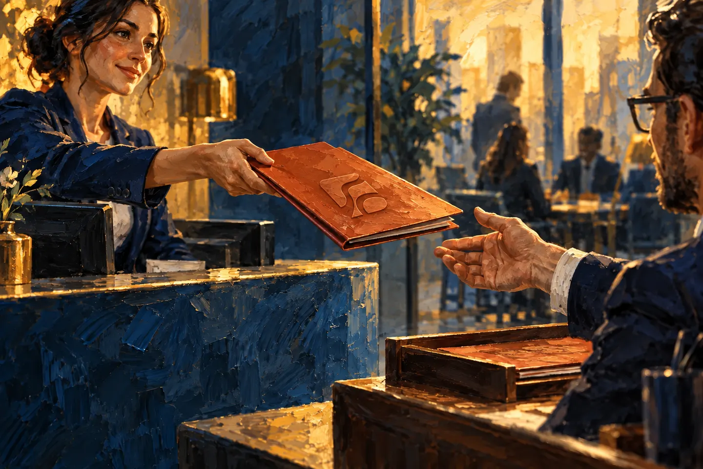 A woman hands an orange folder to another person across a desk.