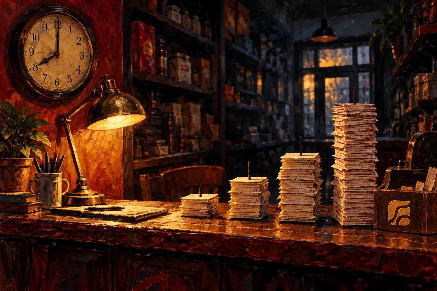 A clock and lamp sit beside a changing stack of order tickets.