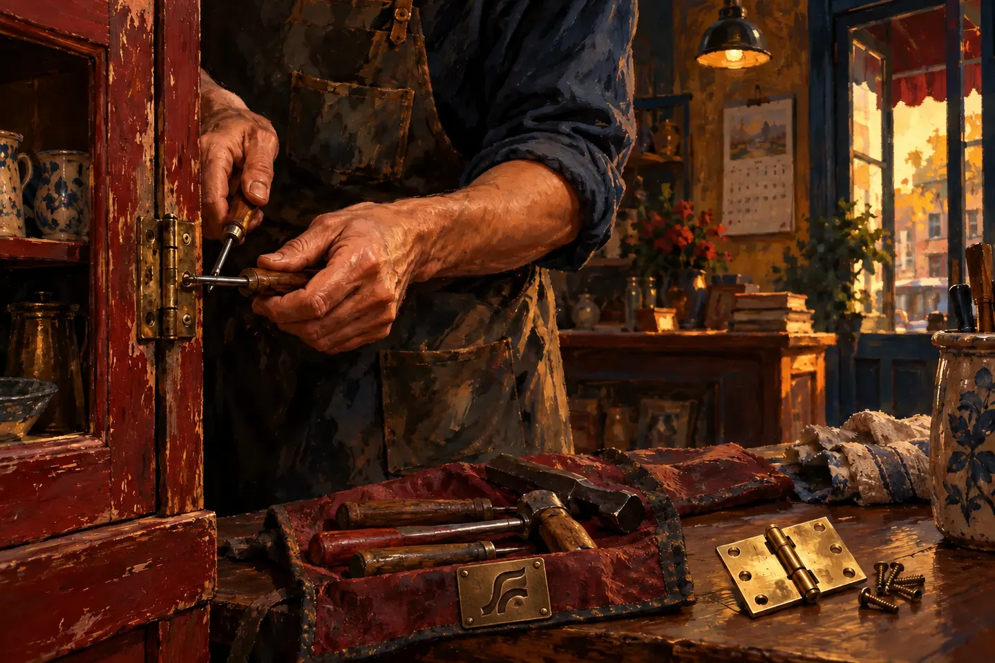 Hands repair a door hinge beside spare hardware.