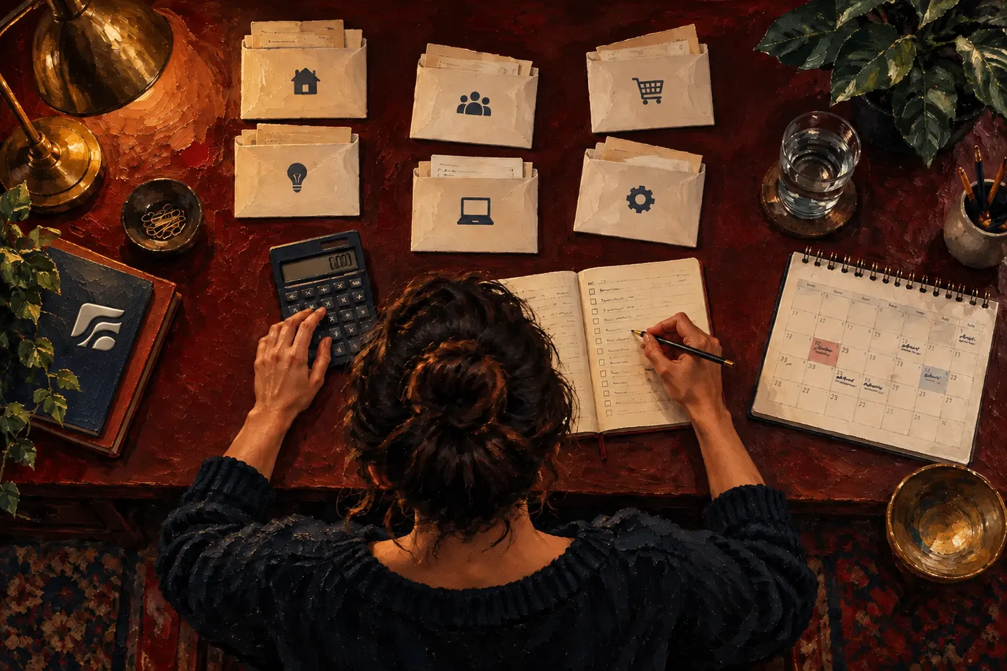 Envelopes, notes, and a calculator arranged on a red work surface.