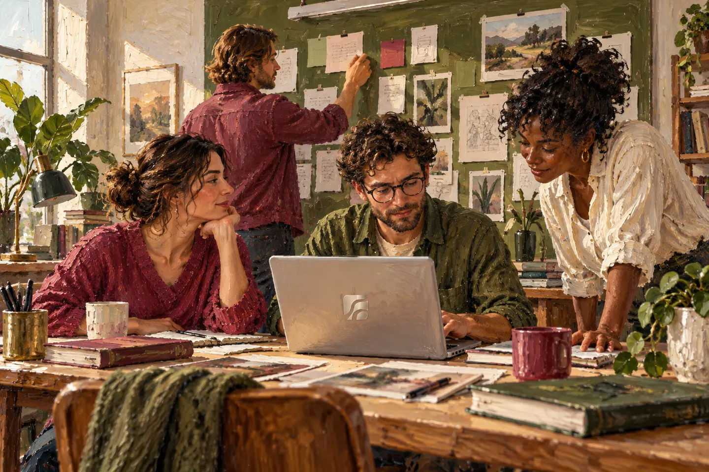 An editorial team plans work in its own office